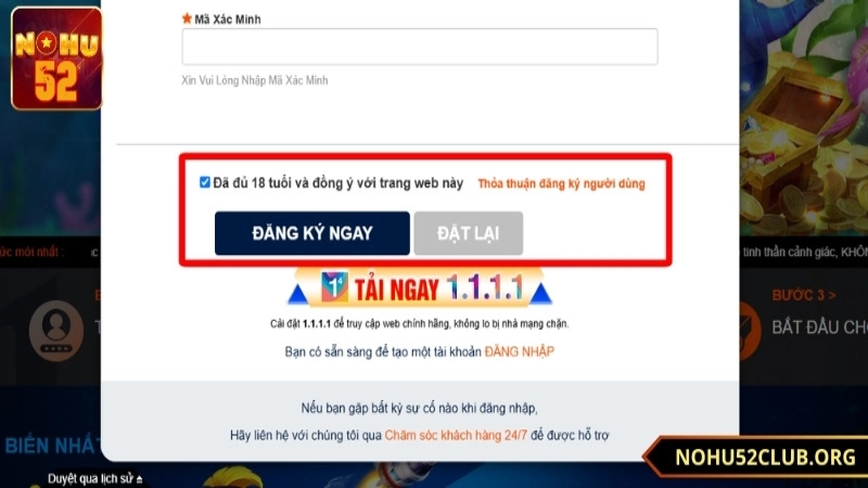 Bấm đăng ký ngay để hoàn tất tạo tài khoản tại Nohu52
