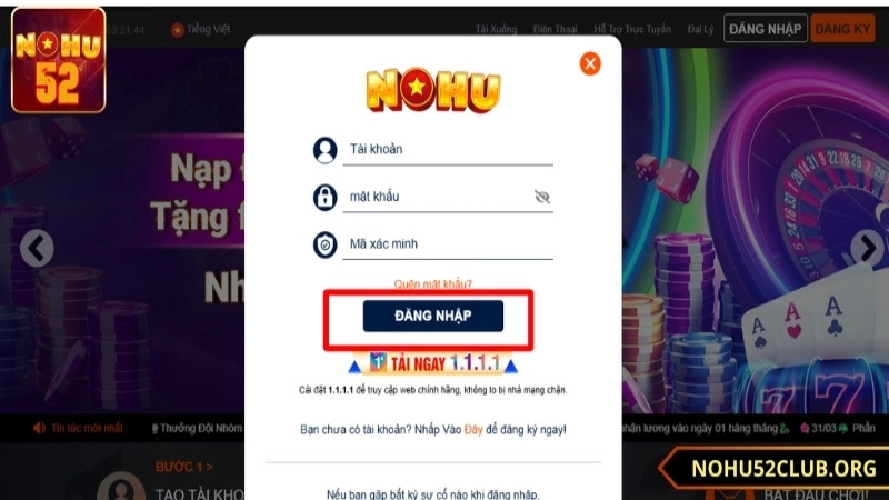 Bấm vào nút đăng nhập để hoàn thành truy cập Nohu52