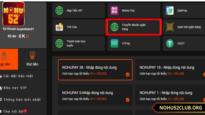 Bỏ vốn vào tài khoản nohu52 bằng hình thức ngân hàng