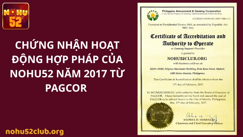 chứng nhận hoạt động của nohu52