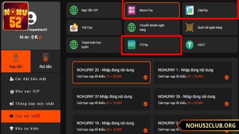 nạp tiền nohu52 qua ví điện tử
