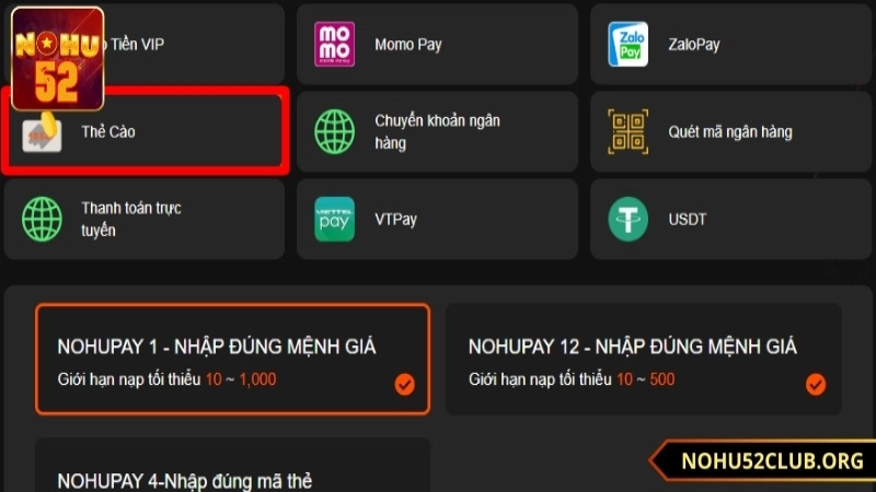 quy đổi tiền vào tài khoản nohu52 bằng thẻ cào