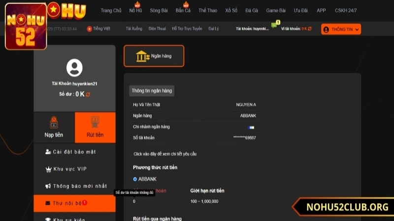 rút tiền nohu52 về tài khoản ngân hàng